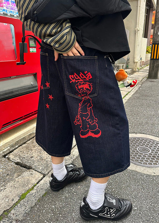 Crop Pockets Navy Pants New Denim Summer Men Print