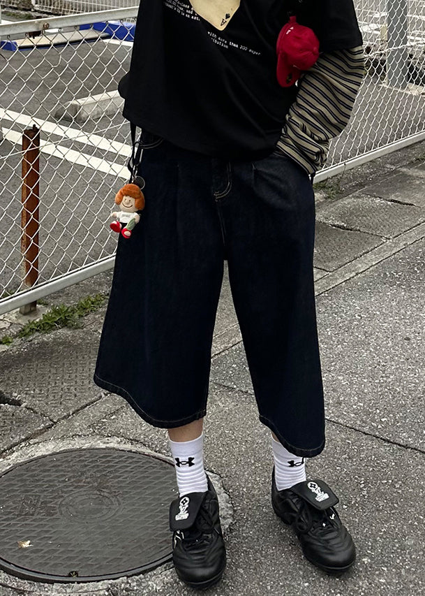 Crop Pockets Navy Pants New Denim Summer Men Print