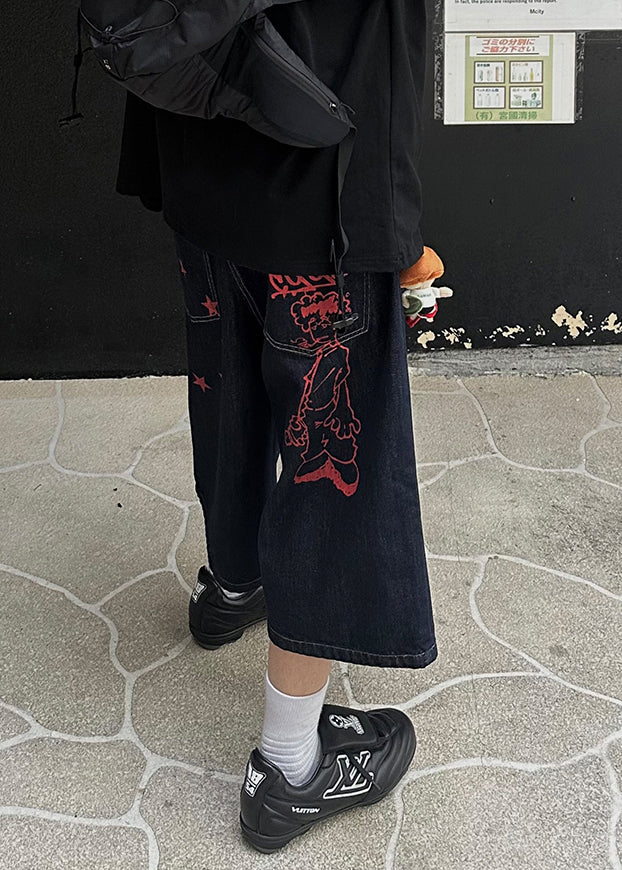 Crop Pockets Navy Pants New Denim Summer Men Print