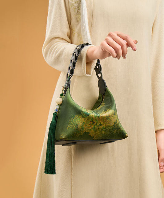 Retro New Green Print Blackish Silk Tassel Bag Tote