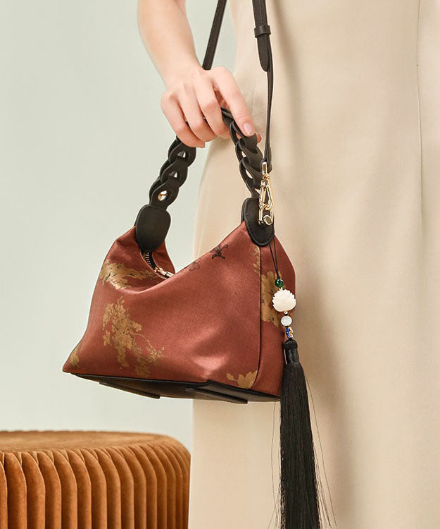 Retro New Green Print Blackish Silk Tassel Bag Tote