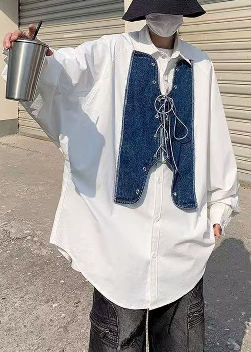 Denim Mens Shirt Patchwork Up New White Lace Spring