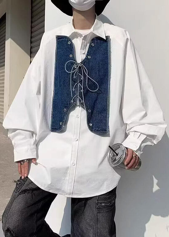 Denim Mens Shirt Patchwork Up New White Lace Spring