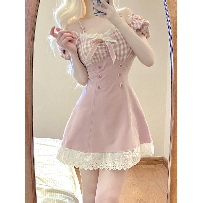 Kawaii Pink Dreamy Checkered Top Lace Dress ON932 MK Kawaii Store
