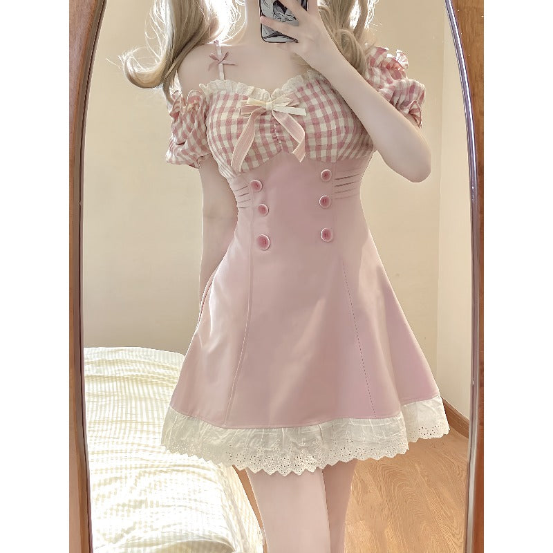 Kawaii Pink Dreamy Checkered Top Lace Dress ON932 MK Kawaii Store