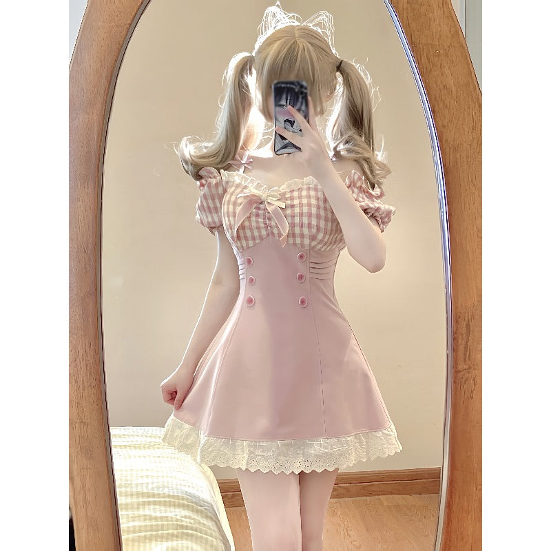 Kawaii Pink Dreamy Checkered Top Lace Dress ON932 MK Kawaii Store