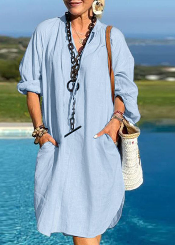 Blue Organic Mid Neck Vacation Pockets Dresses V Patchwork Light