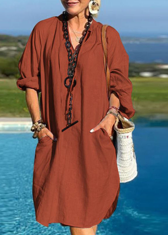 Blue Organic Mid Neck Vacation Pockets Dresses V Patchwork Light