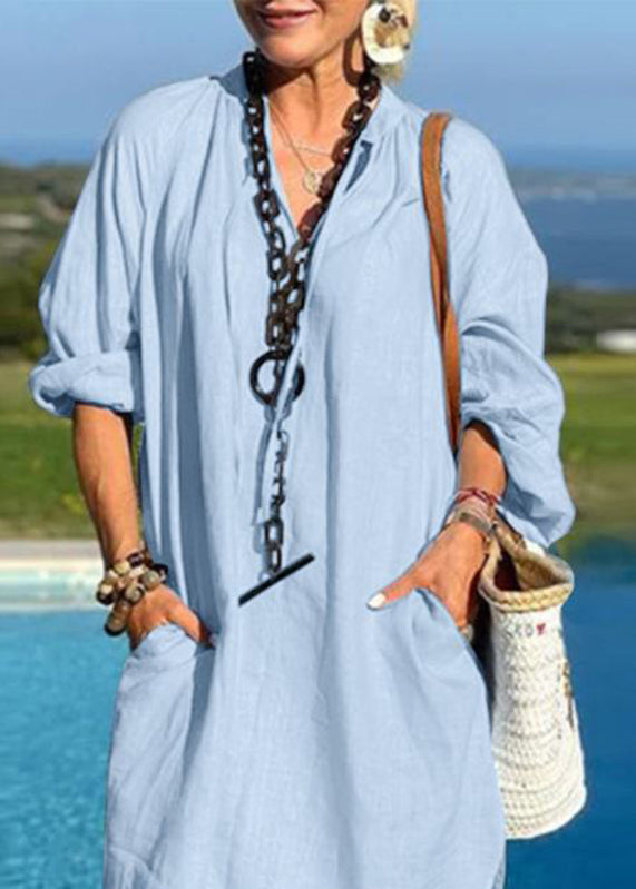 Blue Organic Mid Neck Vacation Pockets Dresses V Patchwork Light