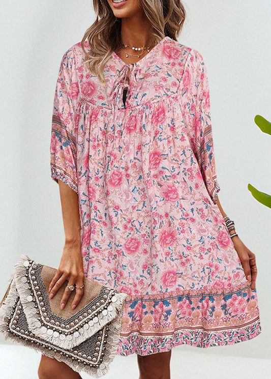 Mid Organic Pink Summer Patchwork Wrinkled Dress Holiday