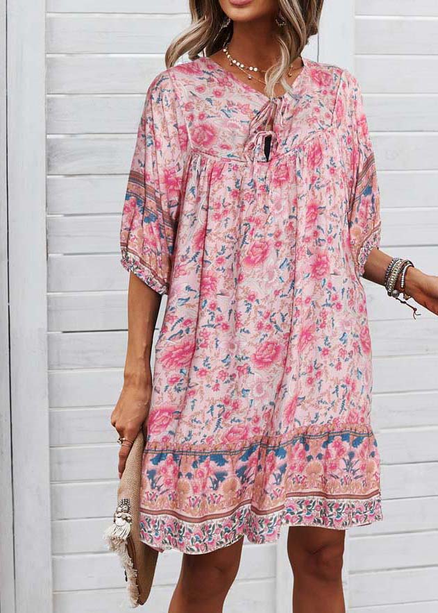 Mid Organic Pink Summer Patchwork Wrinkled Dress Holiday