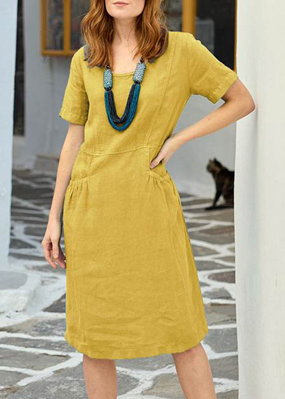 Yellow Organic Short Dress Long Pockets Patchwork Solid Sleeve