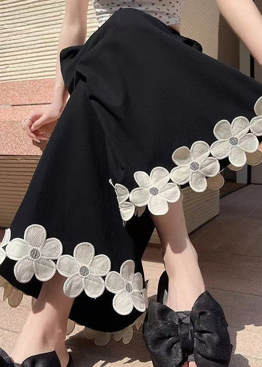 Floral Wide Leg Black Pants Cotton Original Design Patchwork