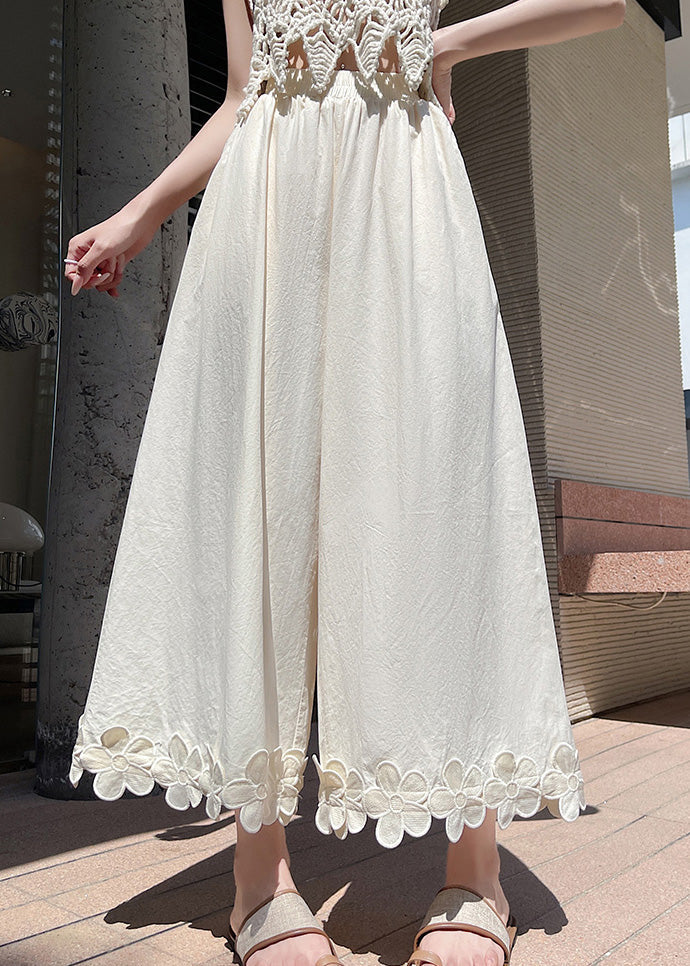 Floral Wide Leg Black Pants Cotton Original Design Patchwork