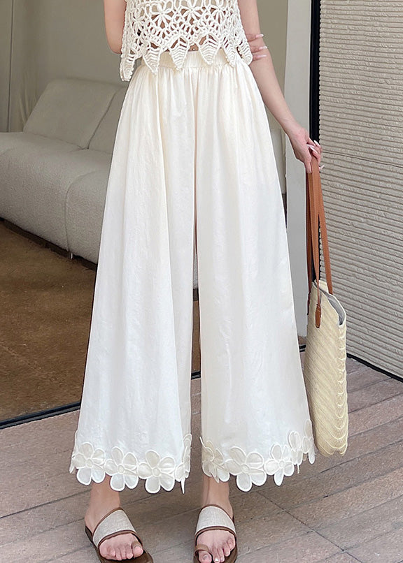 Floral Wide Leg Black Pants Cotton Original Design Patchwork