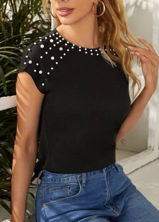 T Summer Original Bead Nail Cotton Shirts Black Design O-Neck