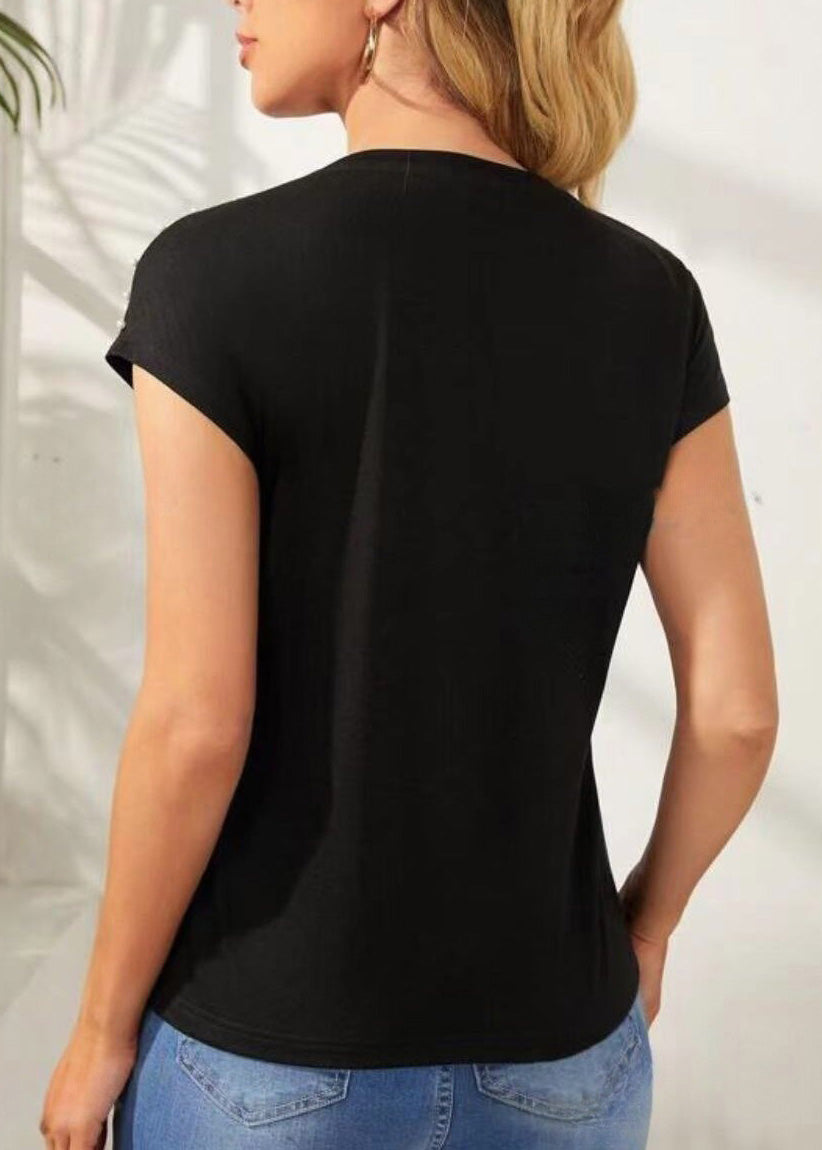 T Summer Original Bead Nail Cotton Shirts Black Design O-Neck