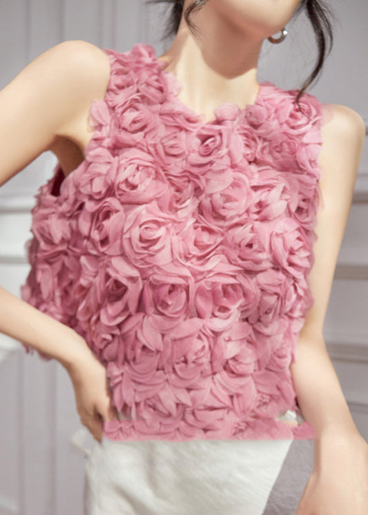 Floral Design Pink Sleeveless Original Vests Tulle