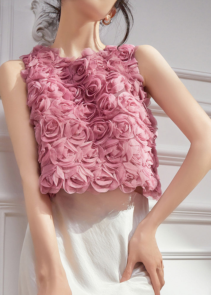 Floral Design Pink Sleeveless Original Vests Tulle