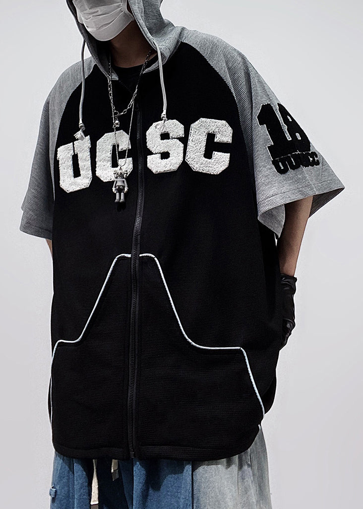 Zippered Plus Sleeve Size Men Patchwork Shirts T Hooded Black Half Cotton