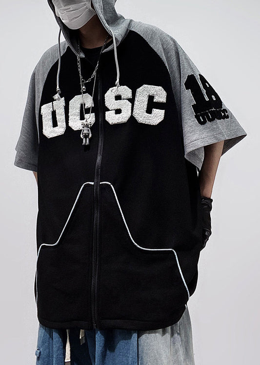 Zippered Plus Sleeve Size Men Patchwork Shirts T Hooded Black Half Cotton