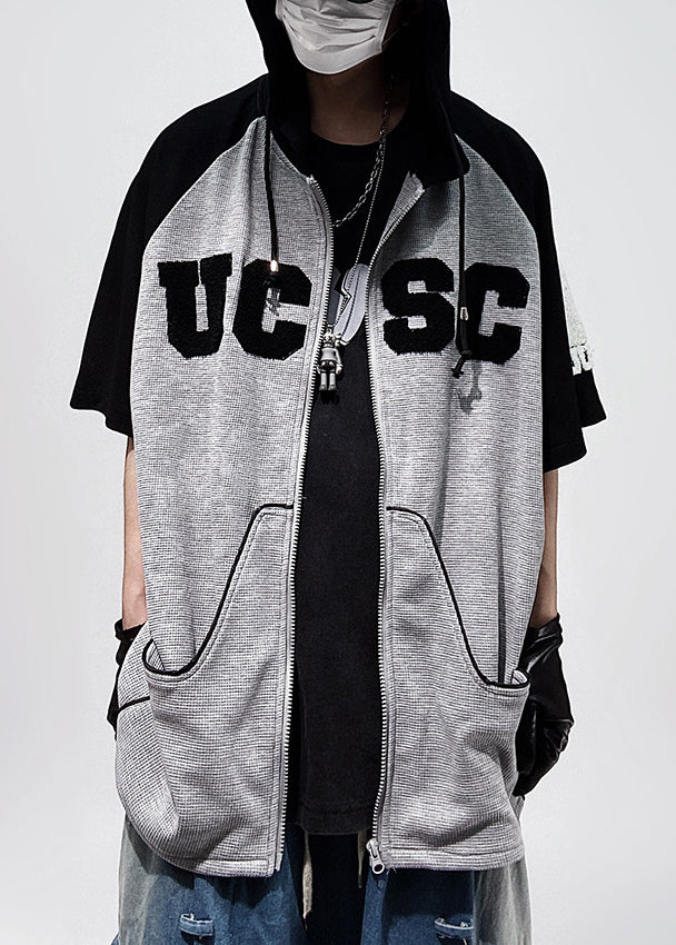 Zippered Plus Sleeve Size Men Patchwork Shirts T Hooded Black Half Cotton