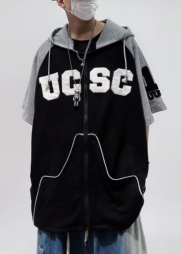 Zippered Plus Sleeve Size Men Patchwork Shirts T Hooded Black Half Cotton