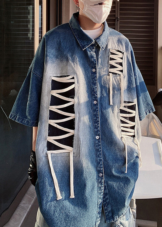 Size Blue Patchwork Shirts Half Sleeve Design Original Plus Men