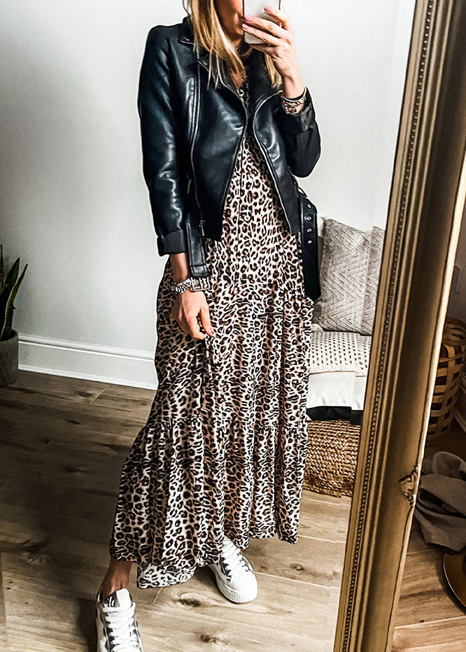 Maxi Leopard Dress Size Patchwork Neck Fall V Plus