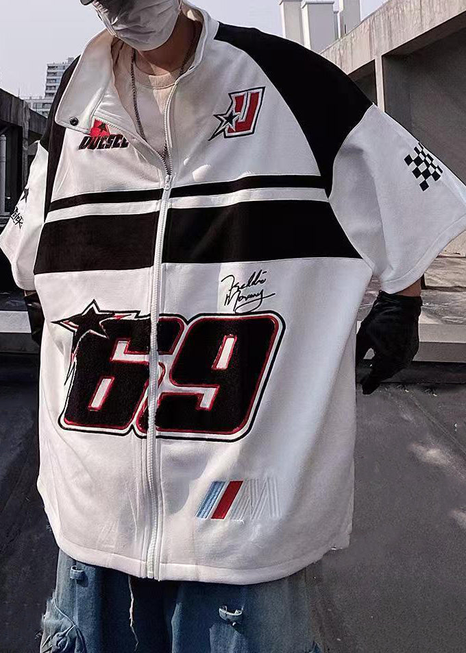 T Half Sleeve White Cotton Shirts Mens Print Plus Size Up Zip