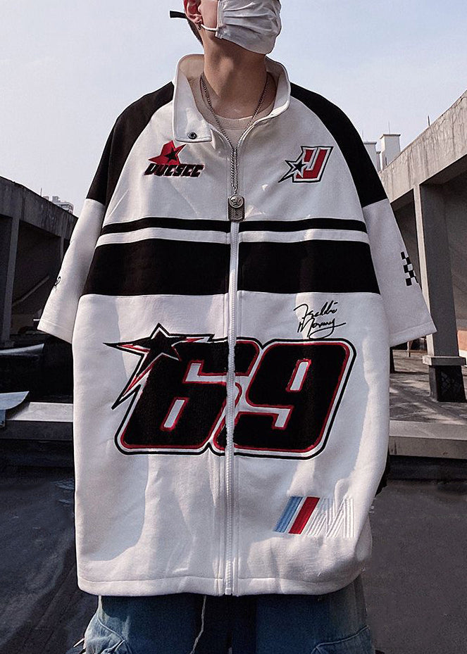 T Half Sleeve White Cotton Shirts Mens Print Plus Size Up Zip