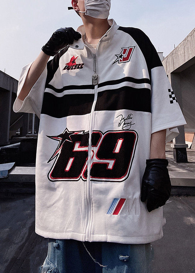 T Half Sleeve White Cotton Shirts Mens Print Plus Size Up Zip