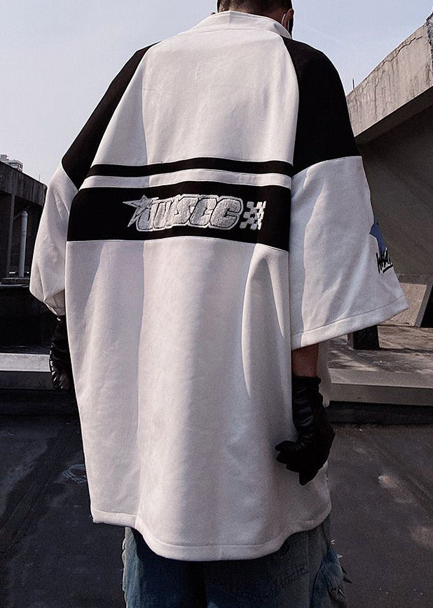 T Half Sleeve White Cotton Shirts Mens Print Plus Size Up Zip