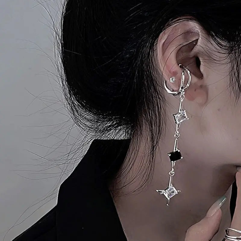 Kawaii Aesthetic Y2K Cute Fairy Purple and Black Long Metalic Earring ON1433 spreepickyshop