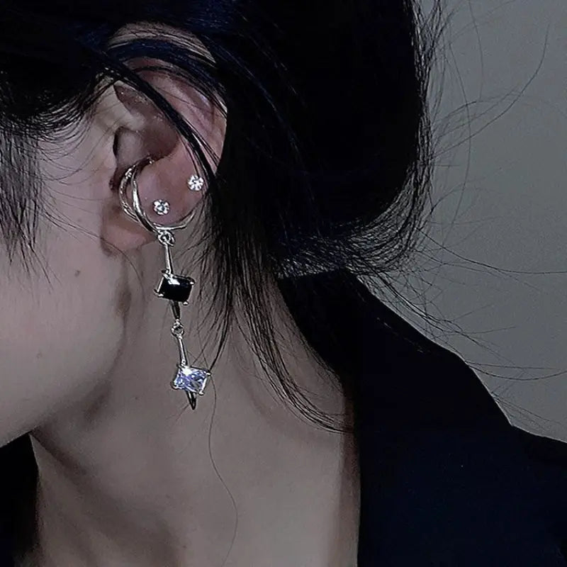 Kawaii Aesthetic Y2K Cute Fairy Purple and Black Long Metalic Earring ON1433 spreepickyshop