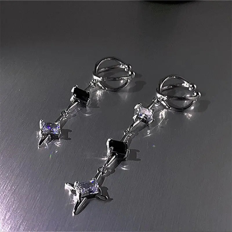 Kawaii Aesthetic Y2K Cute Fairy Purple and Black Long Metalic Earring ON1433 spreepickyshop
