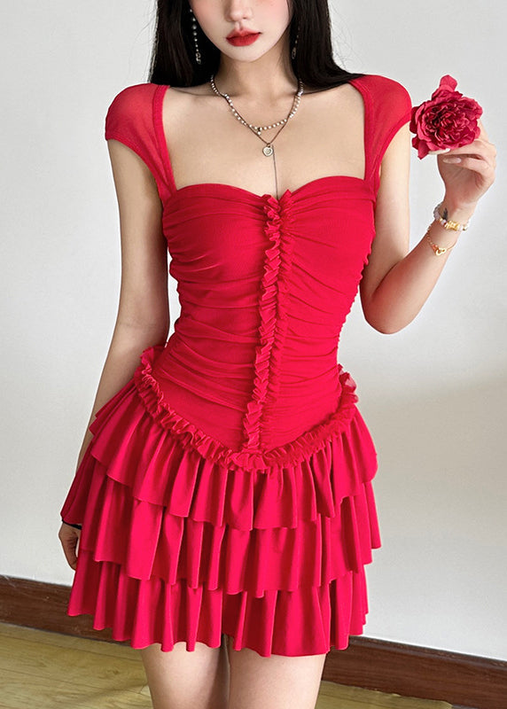 Dresses Short Red Sleeve Ruffled Patchwork Mid