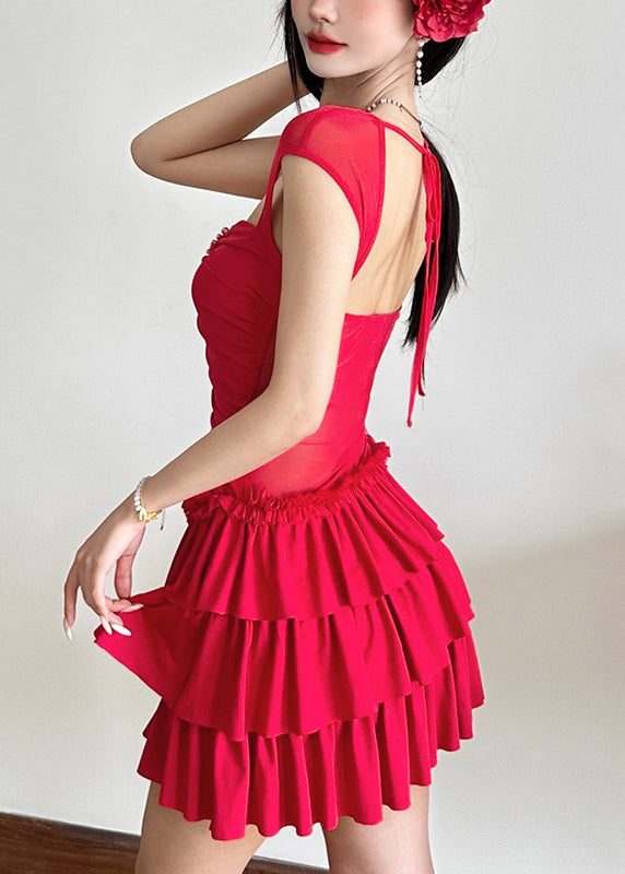 Dresses Short Red Sleeve Ruffled Patchwork Mid