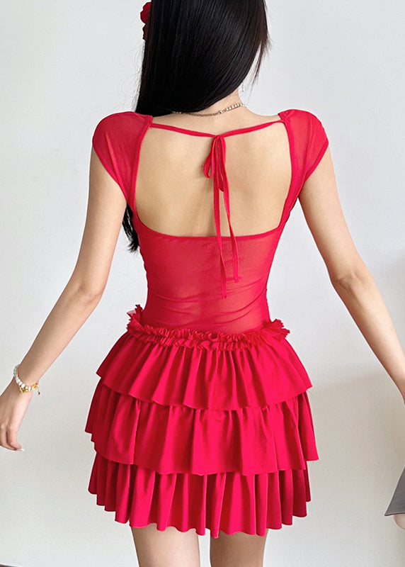 Dresses Short Red Sleeve Ruffled Patchwork Mid
