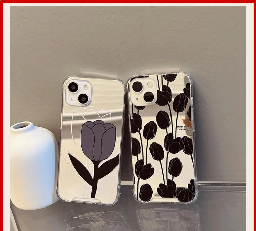 Étui de téléphone tulipe noir rétro pour iPhone 11 iPhone 13 Pro Max iPhone 12 Pro Max iPhone 7+ iPhone xr MK18707
