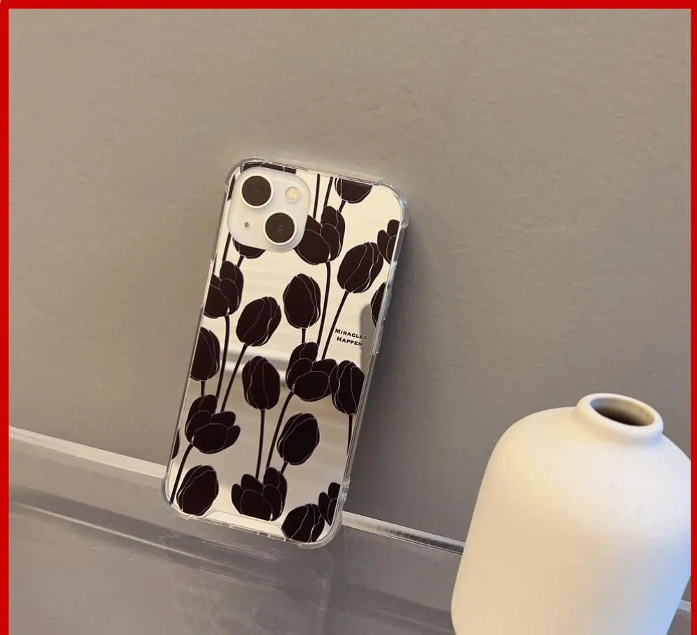 Étui de téléphone tulipe noir rétro pour iPhone 11 iPhone 13 Pro Max iPhone 12 Pro Max iPhone 7+ iPhone xr MK18707
