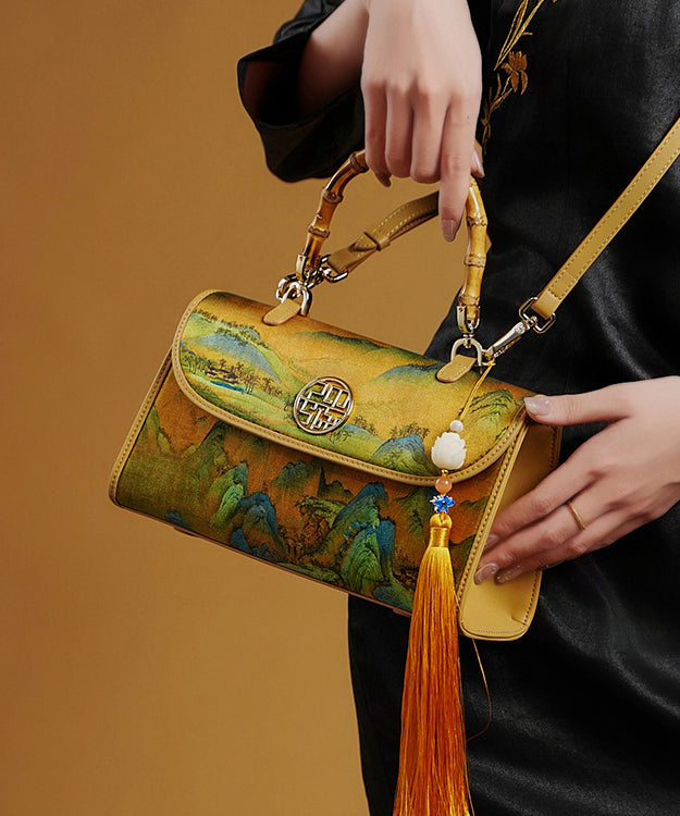 Yellow Tote Print Retro Tassel Decorated Silk Bag