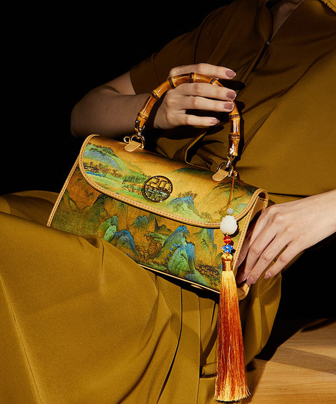 Yellow Tote Print Retro Tassel Decorated Silk Bag