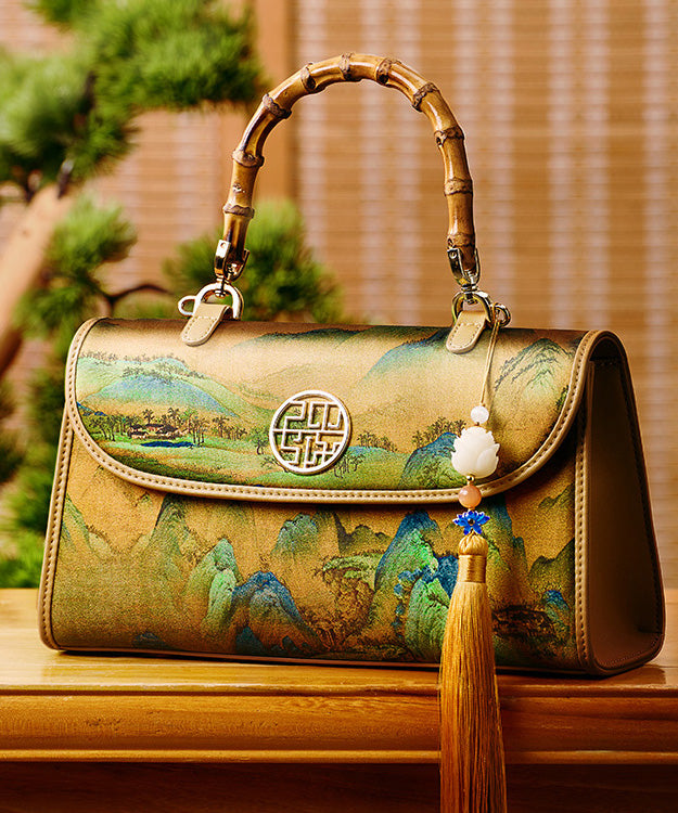 Yellow Tote Print Retro Tassel Decorated Silk Bag