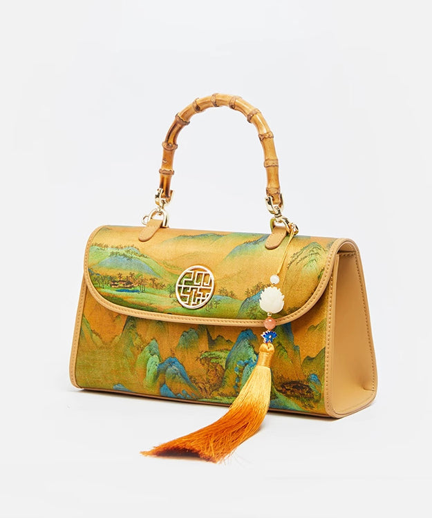 Yellow Tote Print Retro Tassel Decorated Silk Bag