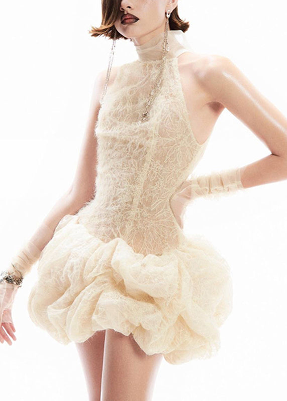Sleeveless Dress Turtleneck Sexy Apricot Mid Patchwork Lace