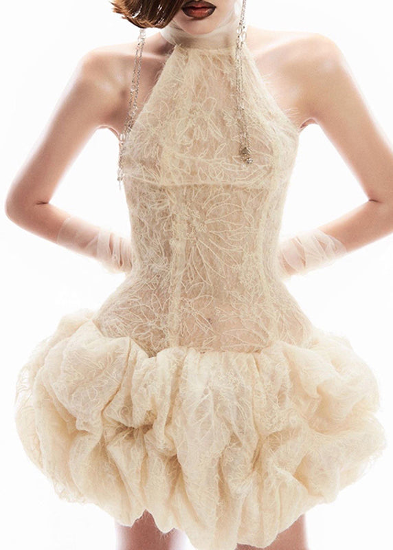 Sleeveless Dress Turtleneck Sexy Apricot Mid Patchwork Lace