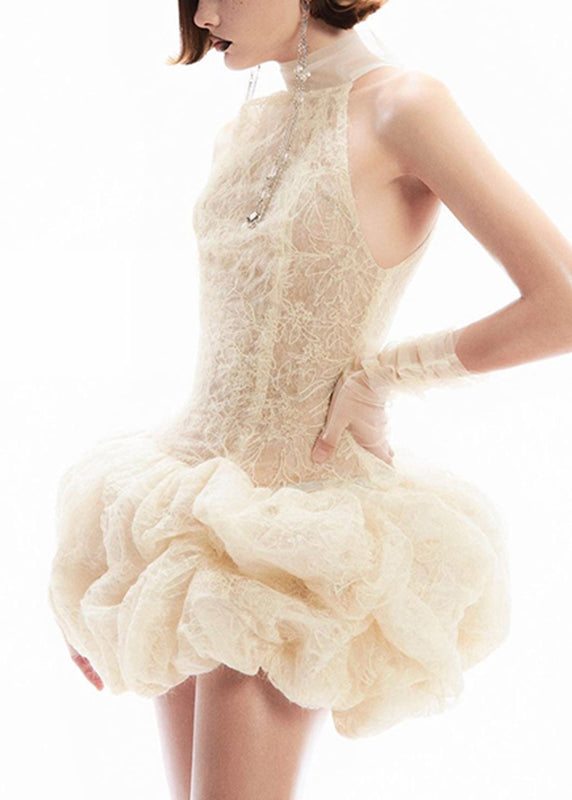 Sleeveless Dress Turtleneck Sexy Apricot Mid Patchwork Lace