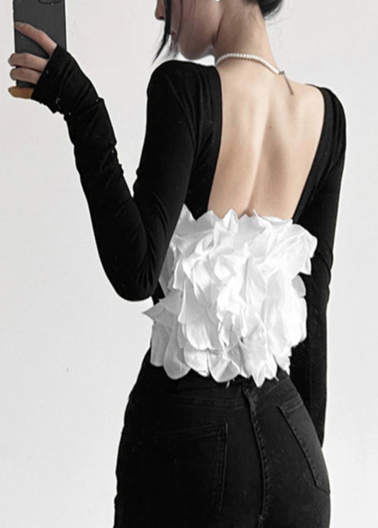 Hollow Backless Sexy Out Black Top Patchwork Fall