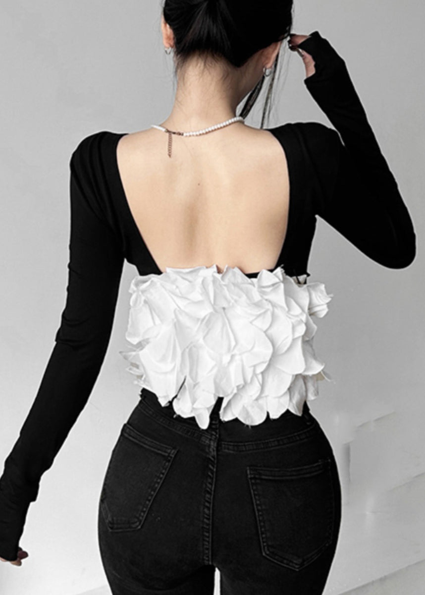 Hollow Backless Sexy Out Black Top Patchwork Fall